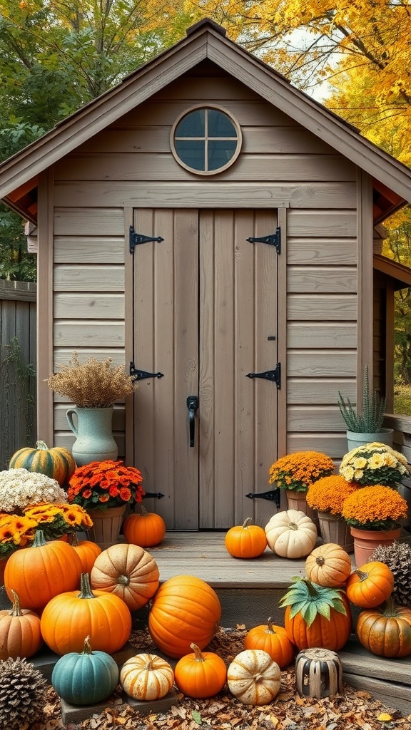 A shed decorated with pumpkins and flowers for the fall season.