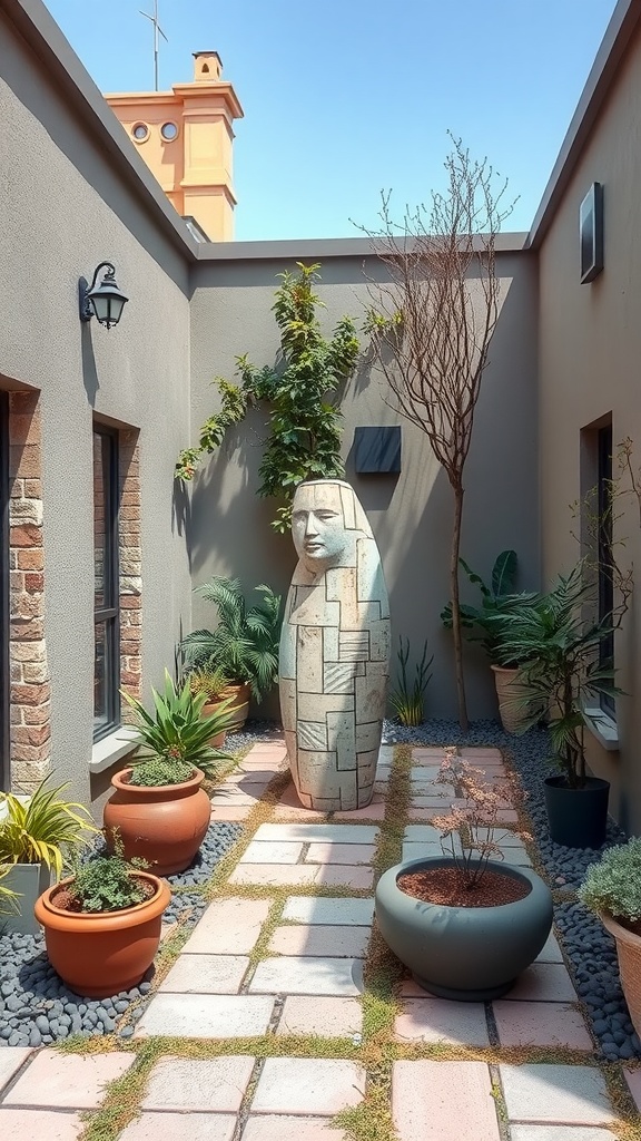 A small courtyard featuring a unique sculpture surrounded by plants and a water feature.