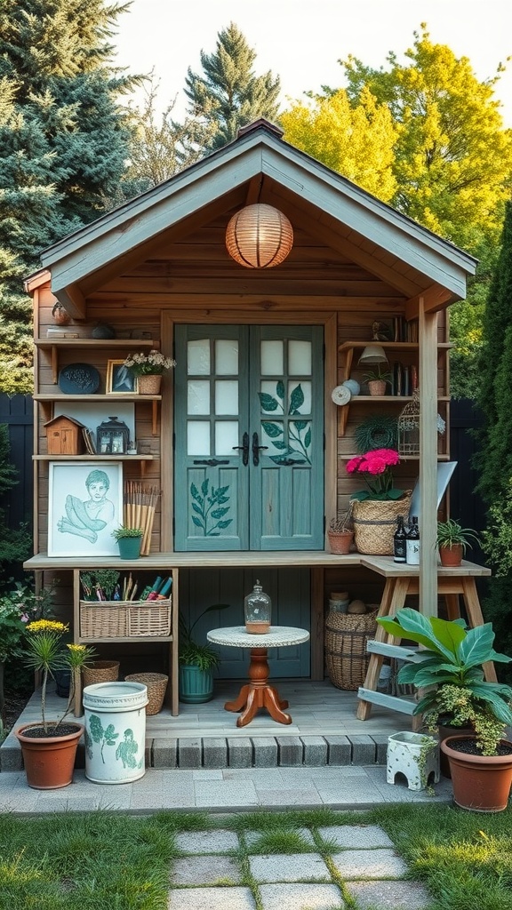 A charming garden studio shed with green doors and leaf designs, surrounded by plants and flowers.