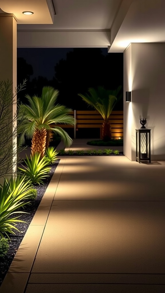 A well-lit driveway with palm trees and decorative lanterns at night.