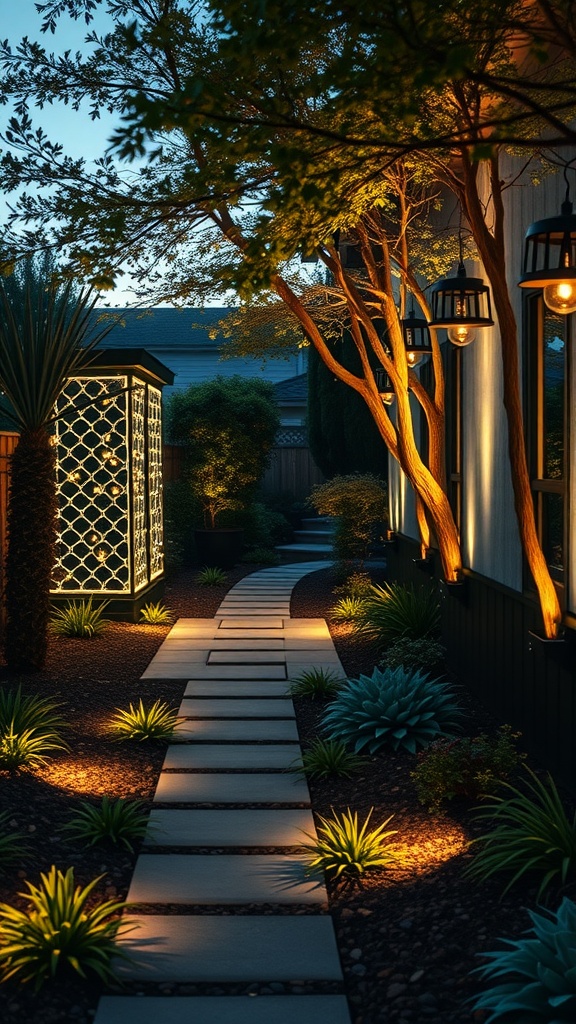 A beautifully lit side yard with a winding pathway, showcasing artistic outdoor lighting.