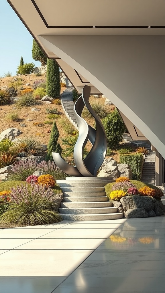 A modern sculpture surrounded by colorful flowers and greenery on a hillside.