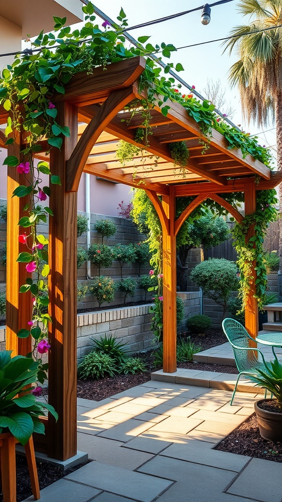 A beautiful wooden arbor decorated with green vines and flowers in a landscaped backyard.