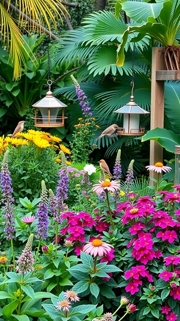 A vibrant garden filled with colorful flowers, butterflies, and birds, highlighting the beauty of native plants.