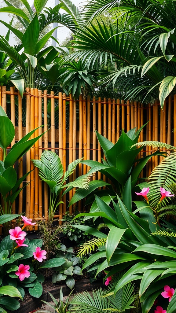 A view of a tropical garden featuring bamboo fencing, lush plants, and colorful flowers.