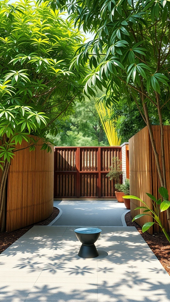 A peaceful driveway with bamboo fencing, lush greenery, and a decorative water feature.