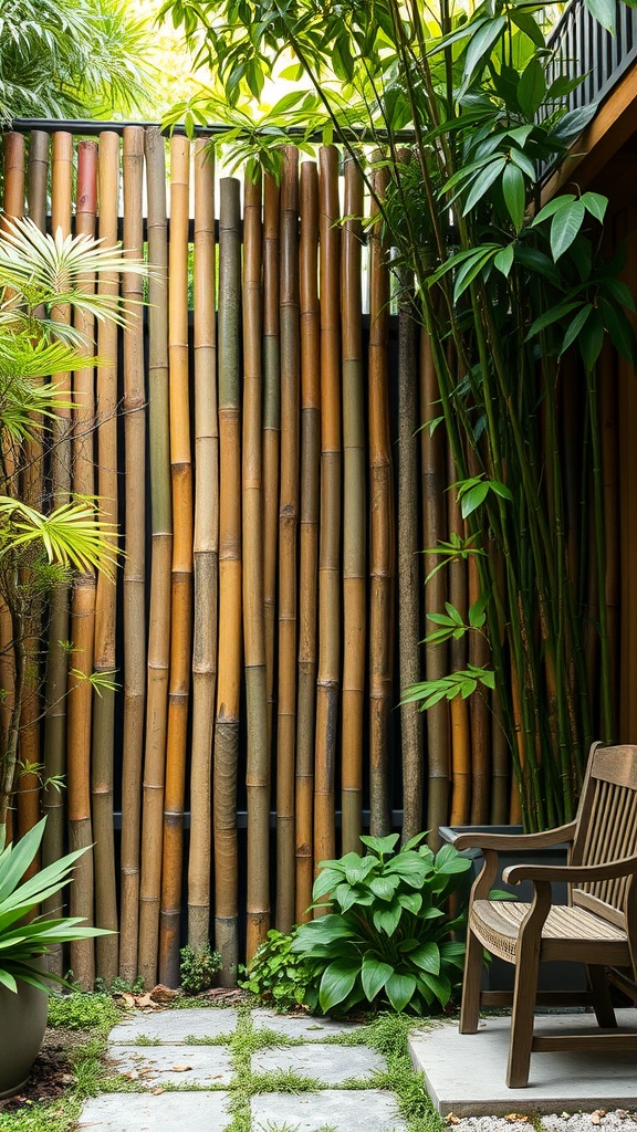 A lush bamboo privacy screen with a wooden chair and surrounding plants in a side yard setting.