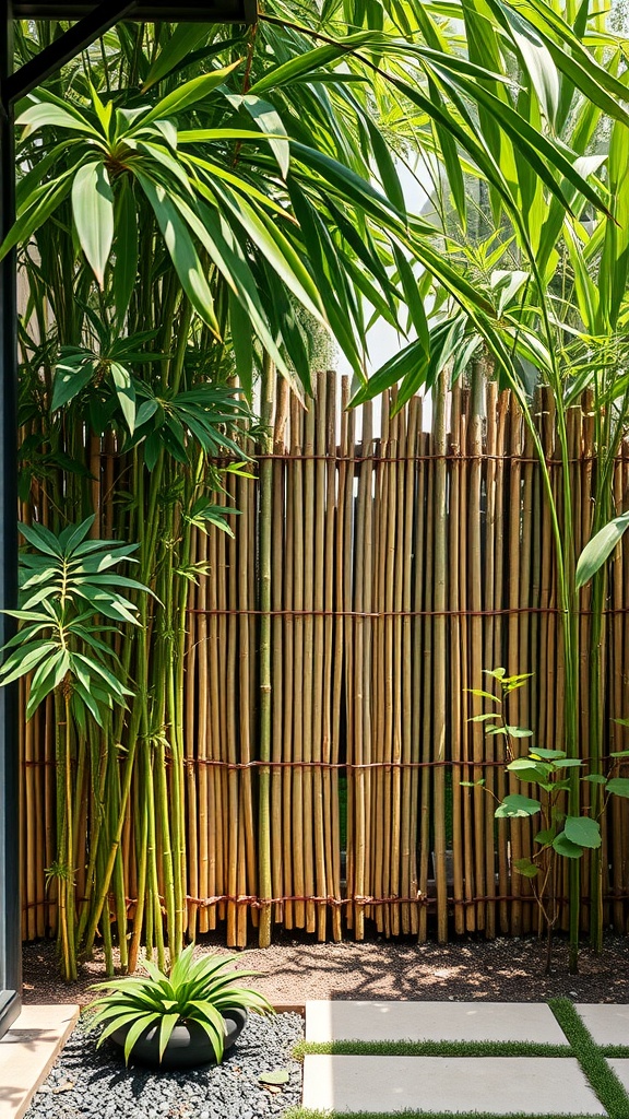 A bamboo privacy screen in a small side yard with lush greenery and stepping stones.