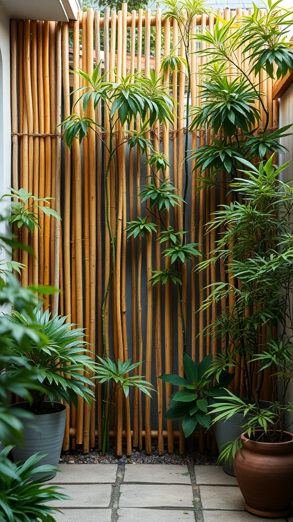 Bamboo privacy screen surrounded by green plants in a small courtyard garden