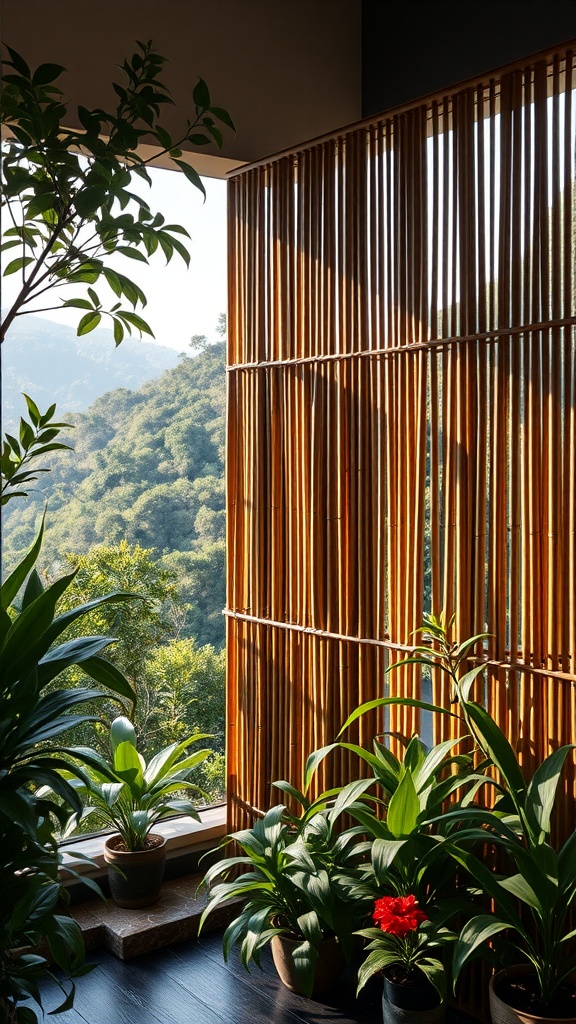 A bamboo privacy screen surrounded by lush plants, creating a serene outdoor space.