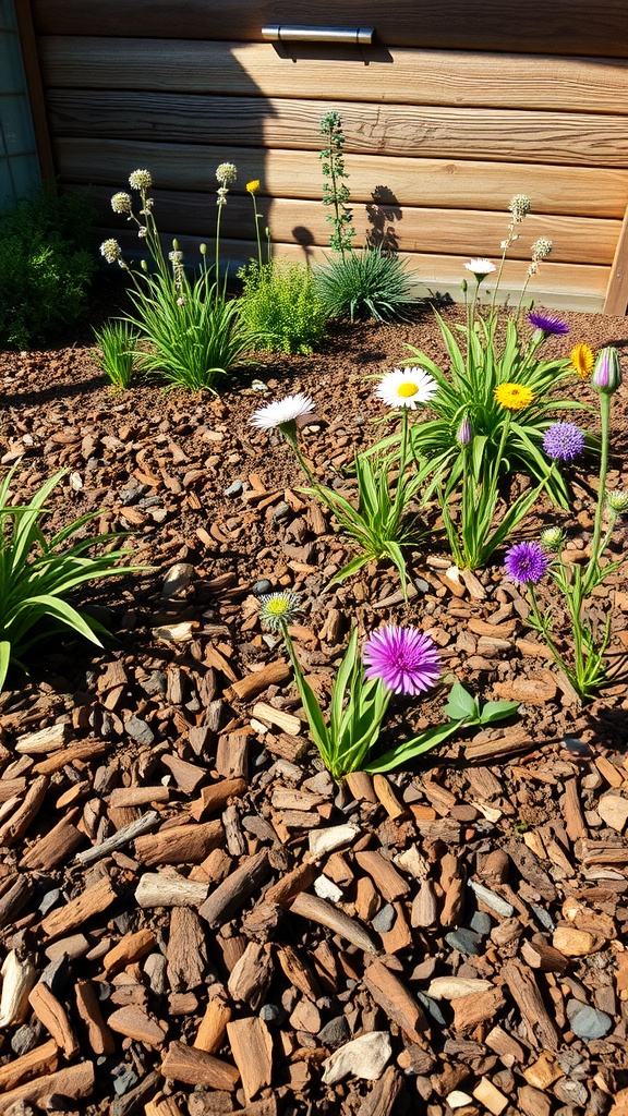 A garden bed featuring colorful flowers surrounded by bark mulch, creating a rustic look.