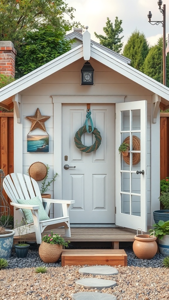 A beach style garden shed with a white exterior, open door, starfish decoration, and an Adirondack chair.