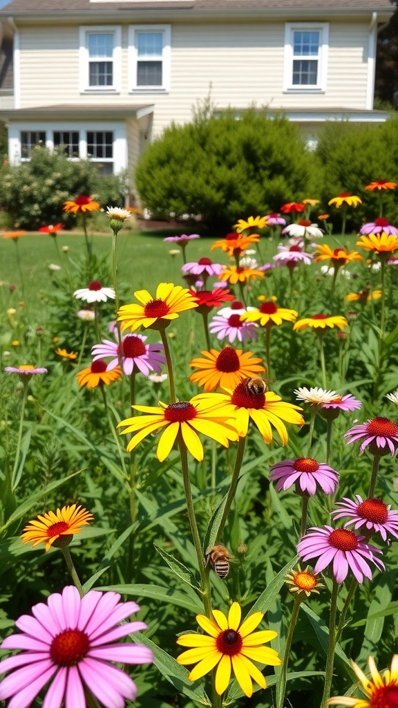 A colorful garden filled with yellow, pink, and white flowers attracting bees.