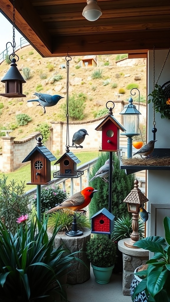 Colorful birdhouses and feeders with birds in a lush garden setting.