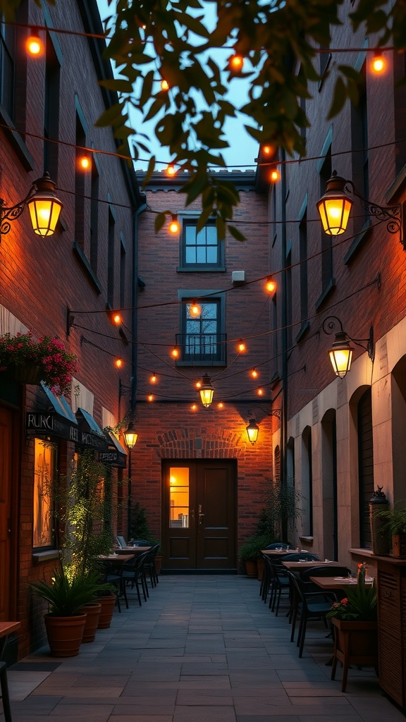 A charming small courtyard with bistro lights strung above, illuminating a warm, inviting space.