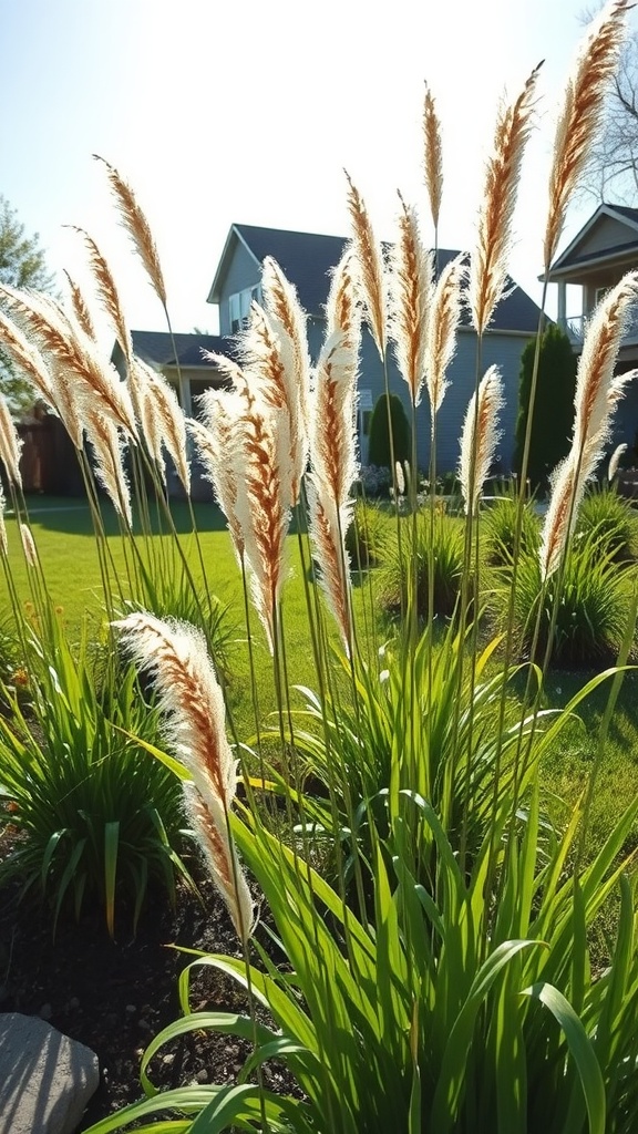 Tall, fluffy grasses with feathery plumes swaying in the sunlight against a backdrop of mountains.