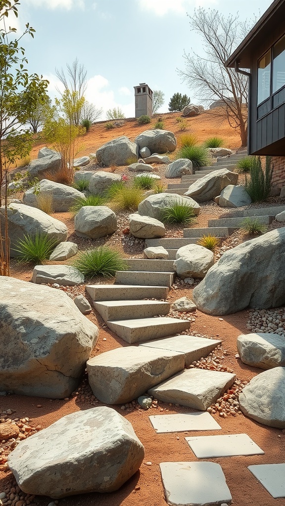 A landscaped sloped backyard featuring large boulders, plants, and stone steps leading up the slope.