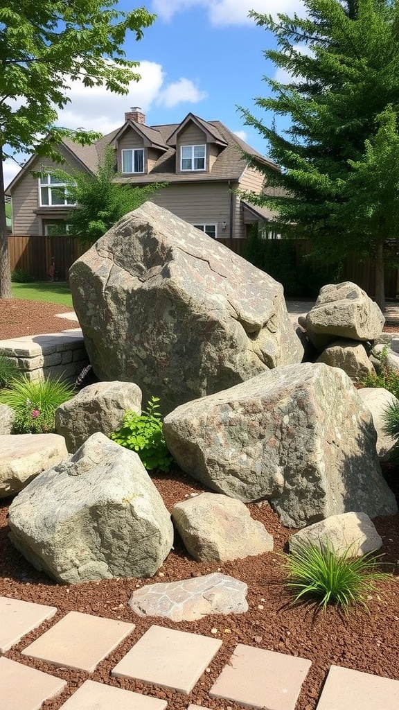 Large boulders in a landscaped garden with green grass and trees.