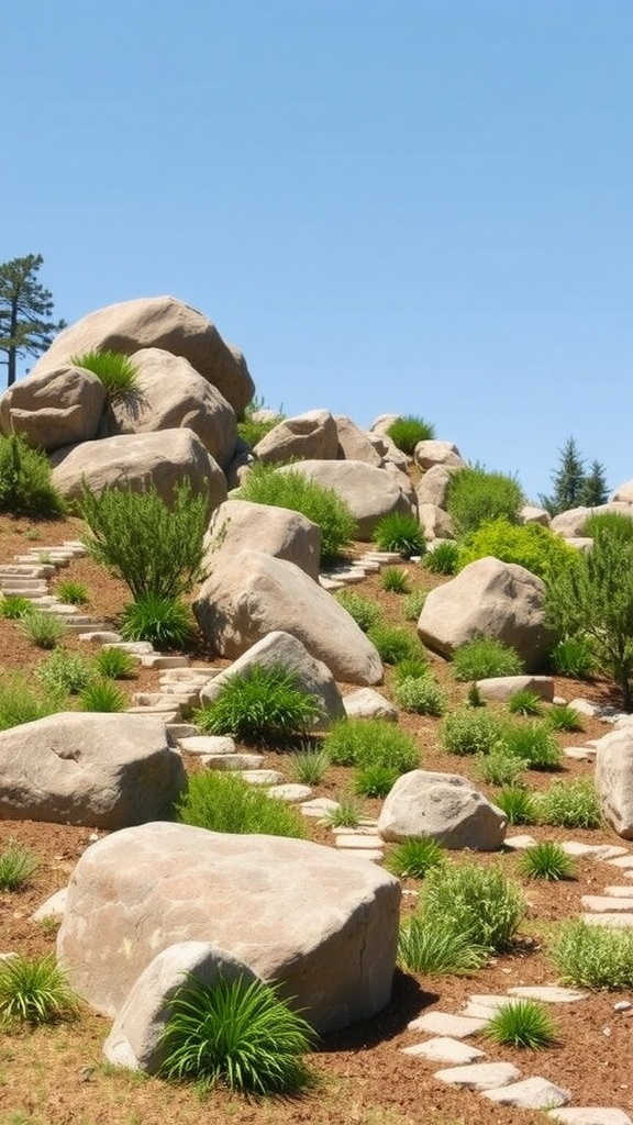 A beautifully landscaped area featuring large boulders, greenery, and a person observing the design.