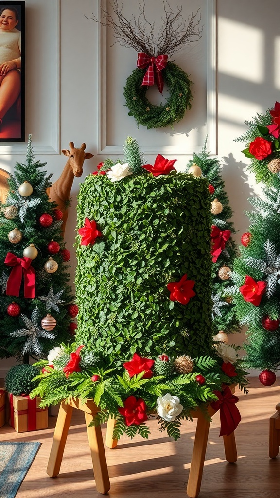 A festive indoor display featuring a boxwood centerpiece surrounded by Christmas trees and decorations.