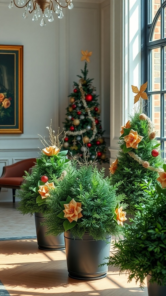 Indoor decor with boxwood arrangements and a Christmas tree