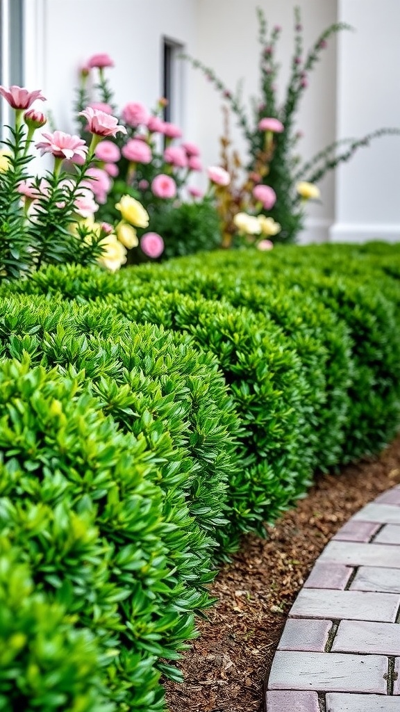 A row of neatly trimmed boxwood shrubs along a brick path with colorful flowers in the background.