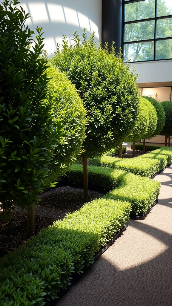 Lush green boxwood plants arranged in neat patterns indoors