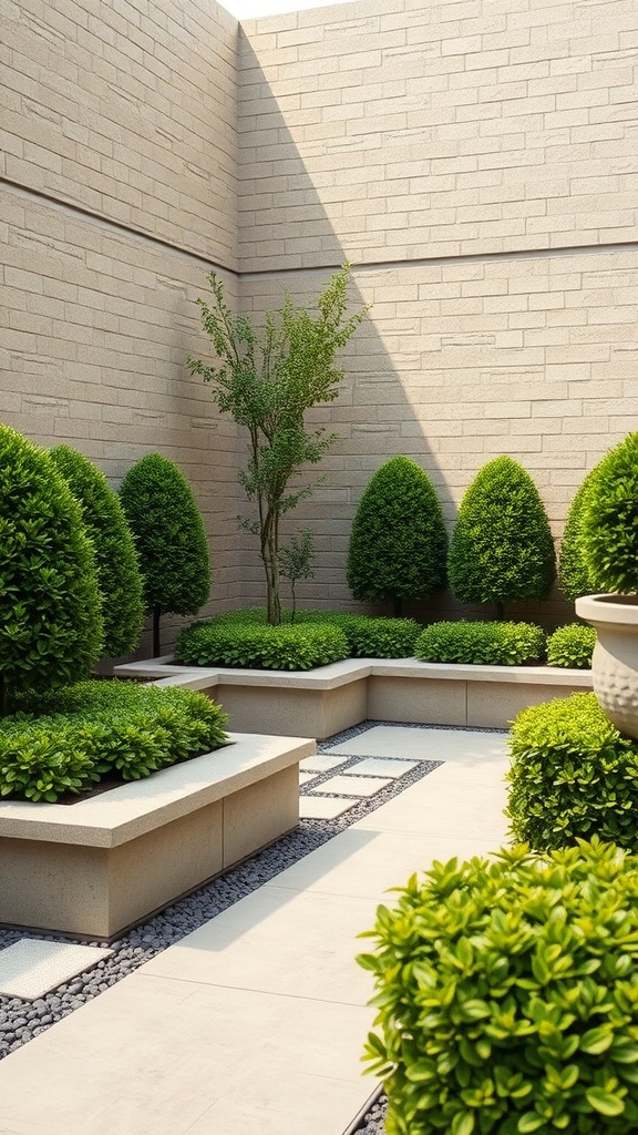 A landscaped area featuring round boxwoods and a stone pathway.