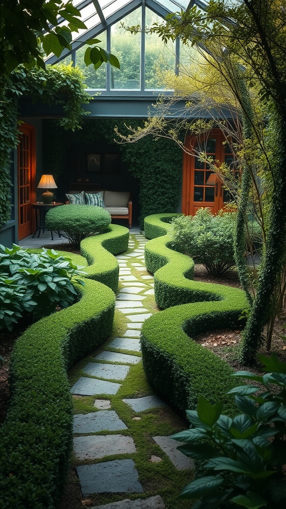 Winding boxwood pathway leading to a cozy garden nook.