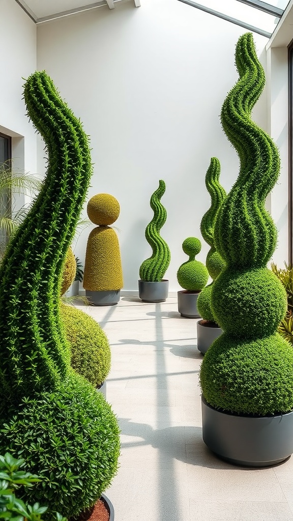 A variety of boxwood topiary sculptures in unique shapes, displayed in a well-lit indoor area.