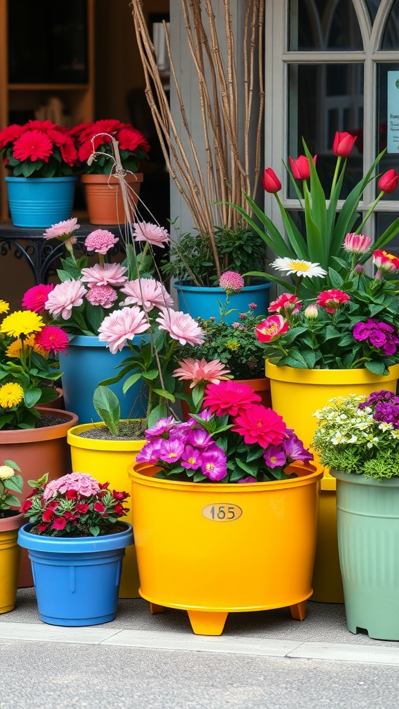 Colorful container gardens featuring vibrant flowers in various pots