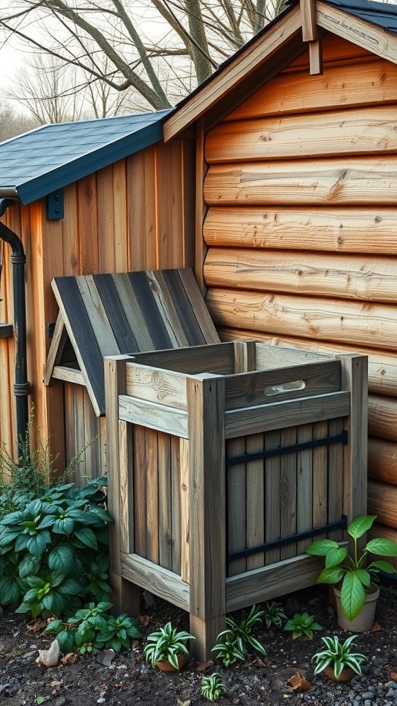 A wooden compost bin next to a shed, surrounded by plants in a backyard setting.