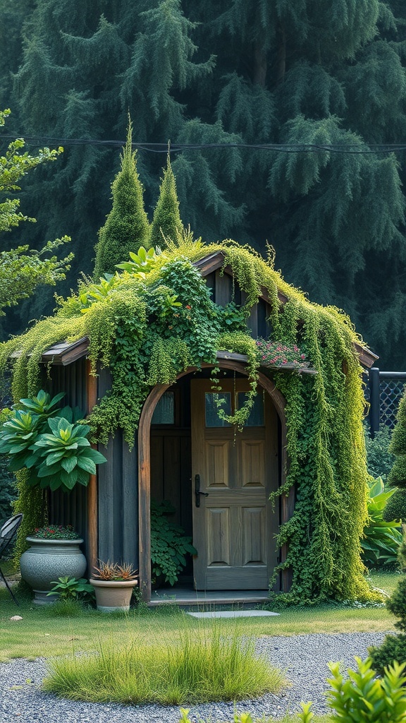 A beautifully landscaped shed with a lush green roof, surrounded by trees and plants.