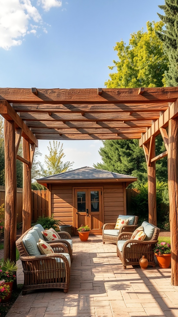 A rustic wooden pergola providing shade over a cozy seating area with wicker chairs and colorful cushions.