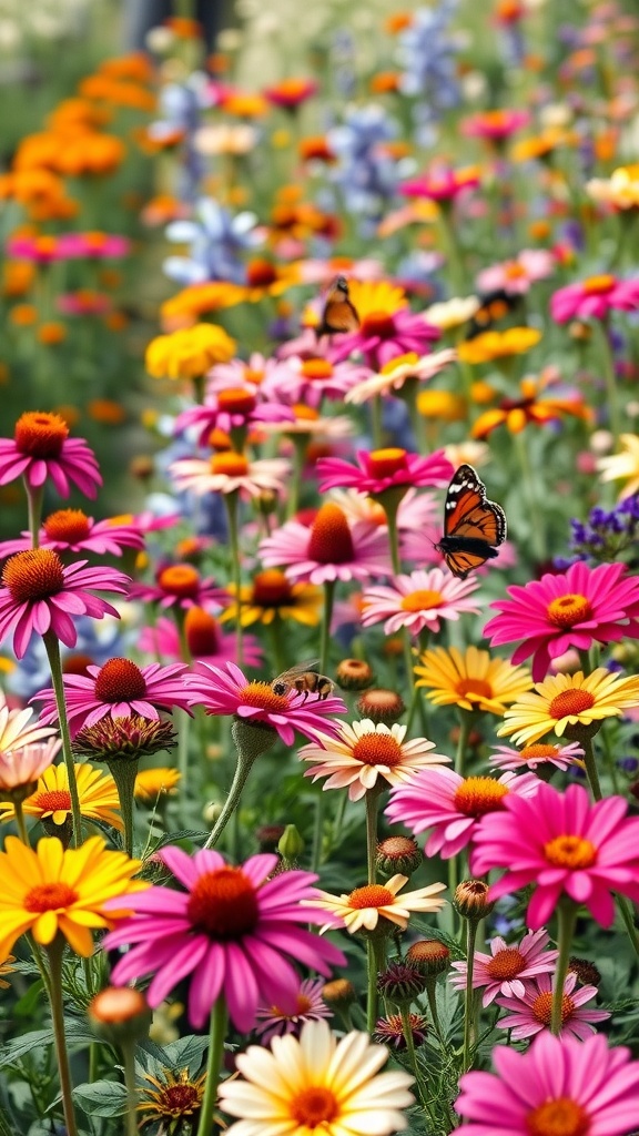 Colorful flowers with butterflies in a garden setting.