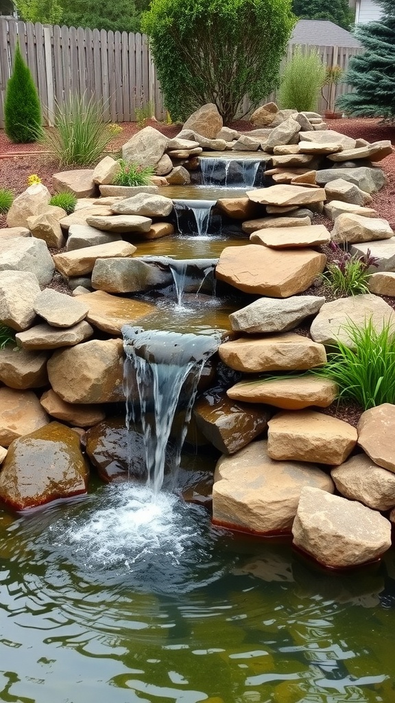 A beautiful cascading rock waterfall surrounded by lush greenery and colorful plants.