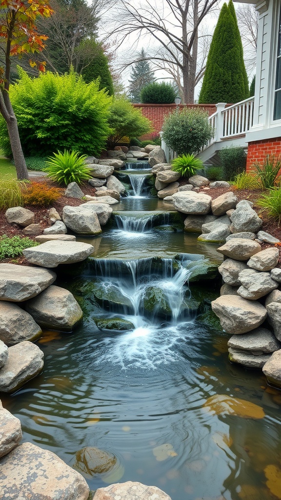 A beautiful cascading water feature surrounded by rocks and greenery in a side yard