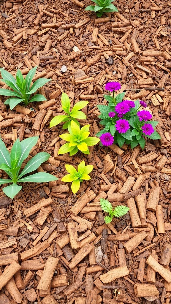 A garden bed with cedar mulch and green plants