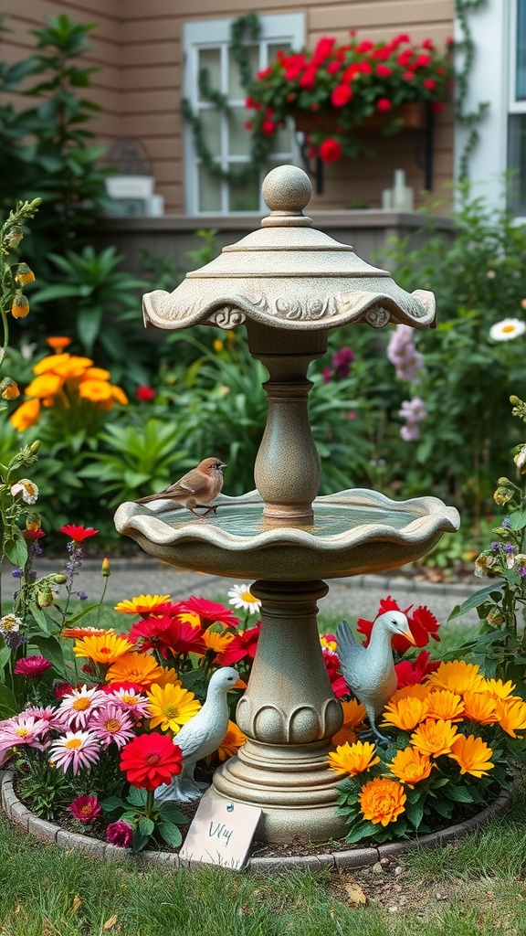 A decorative bird bath surrounded by colorful flowers in a side yard.