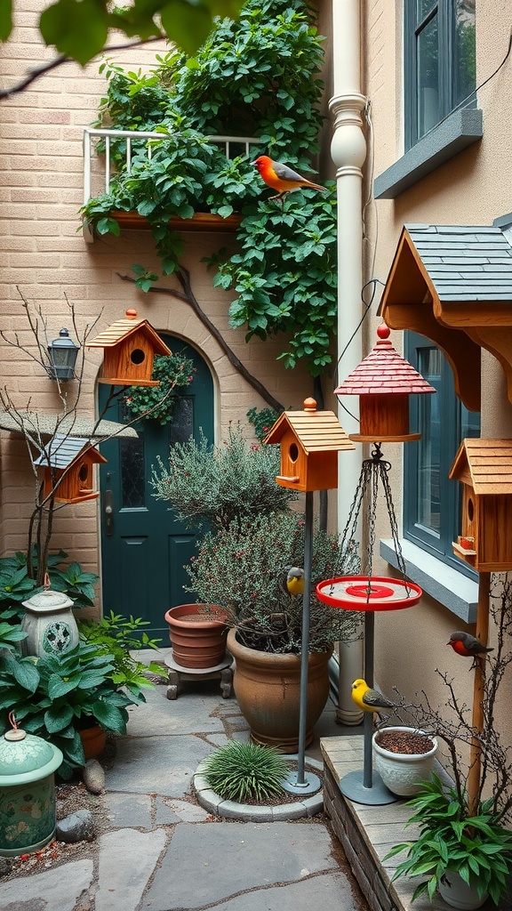 A small courtyard with colorful birdhouses and feeders surrounded by greenery.