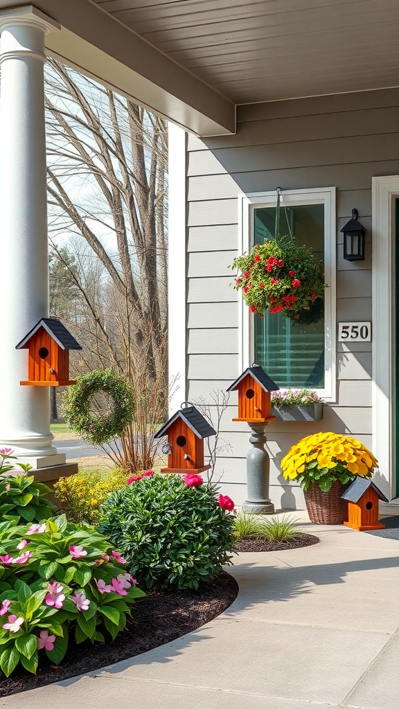 A charming front porch with colorful birdhouses, flowers, and a welcoming atmosphere.