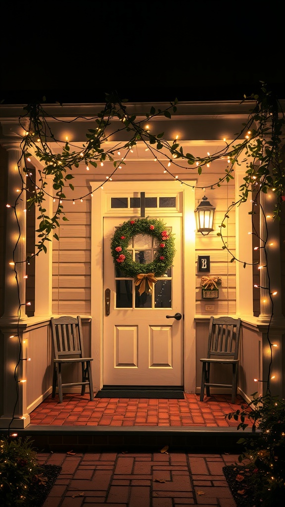 A charming front porch decorated with fairy lights, a wreath on the door, and two wooden chairs.