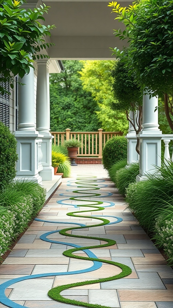 A charming pathway with blue accents and green grass strips, flanked by greenery, leading to a porch.