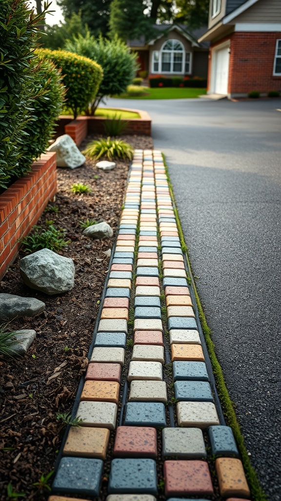 Charming paver pathway beside a driveway, lined with greenery and stones.