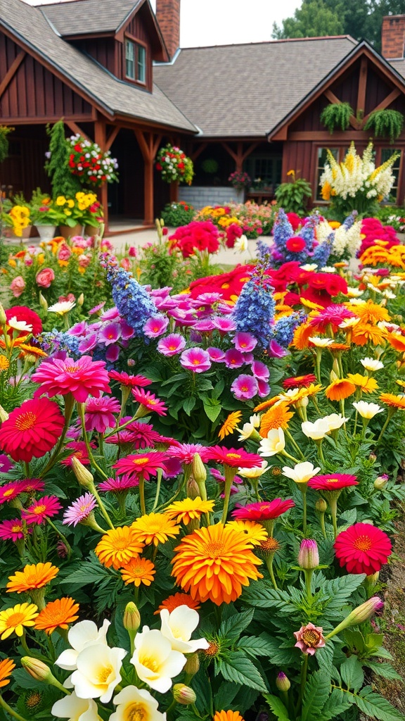 Vibrant perennial flower beds in front of a farmhouse, featuring colorful blooms in various shades.