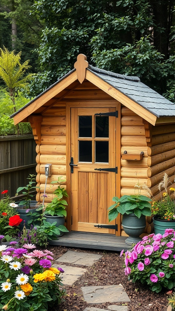 A rustic wooden shed surrounded by colorful flowers in a garden