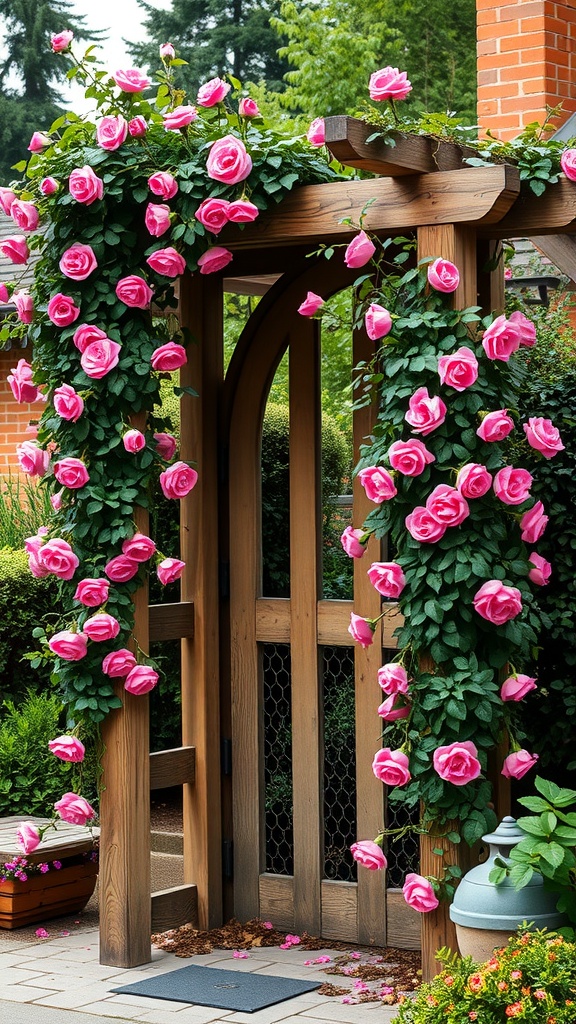 A wooden trellis covered with pink roses in a cottage garden setting.