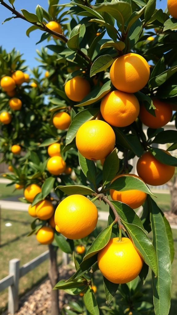 Close-up of a citrus tree with ripe oranges hanging from the branches.