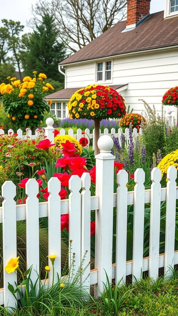 A beautiful farmhouse garden with a classic white picket fence surrounded by colorful flowers.