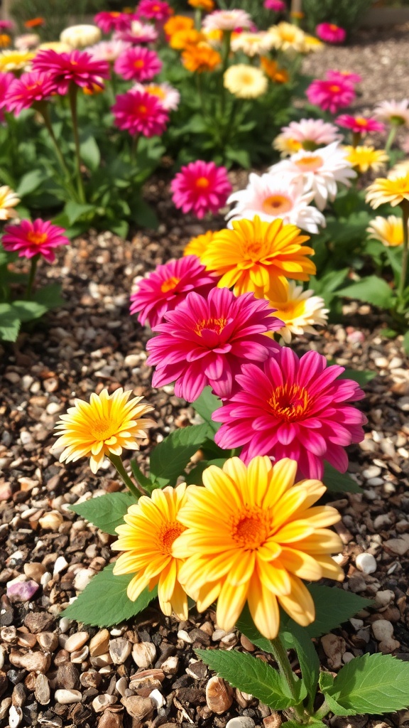 Colorful flowers surrounded by cocoa shell mulch in a garden setting.